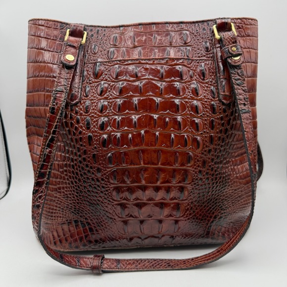 Brahmin Croc Embossed Leather Tote Bucket Bag Brown Chestnut Gold Hardware - Picture 5 of 11